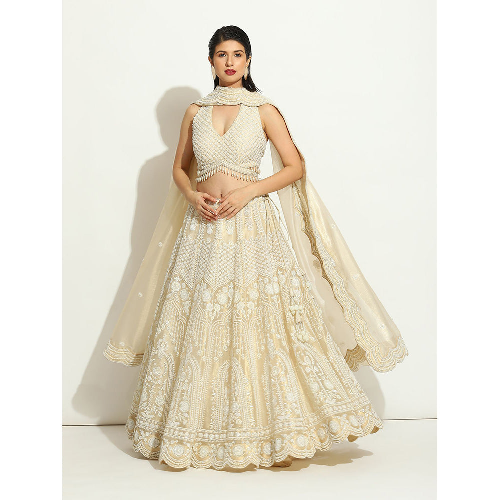 VANDANA SETHI Pearl Work Lehenga in Shimmer Organza (Set of 3)