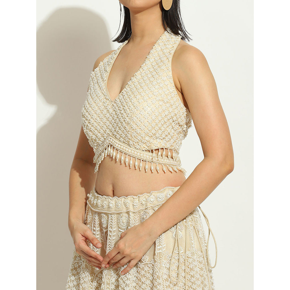 VANDANA SETHI Pearl Work Lehenga in Shimmer Organza (Set of 3)