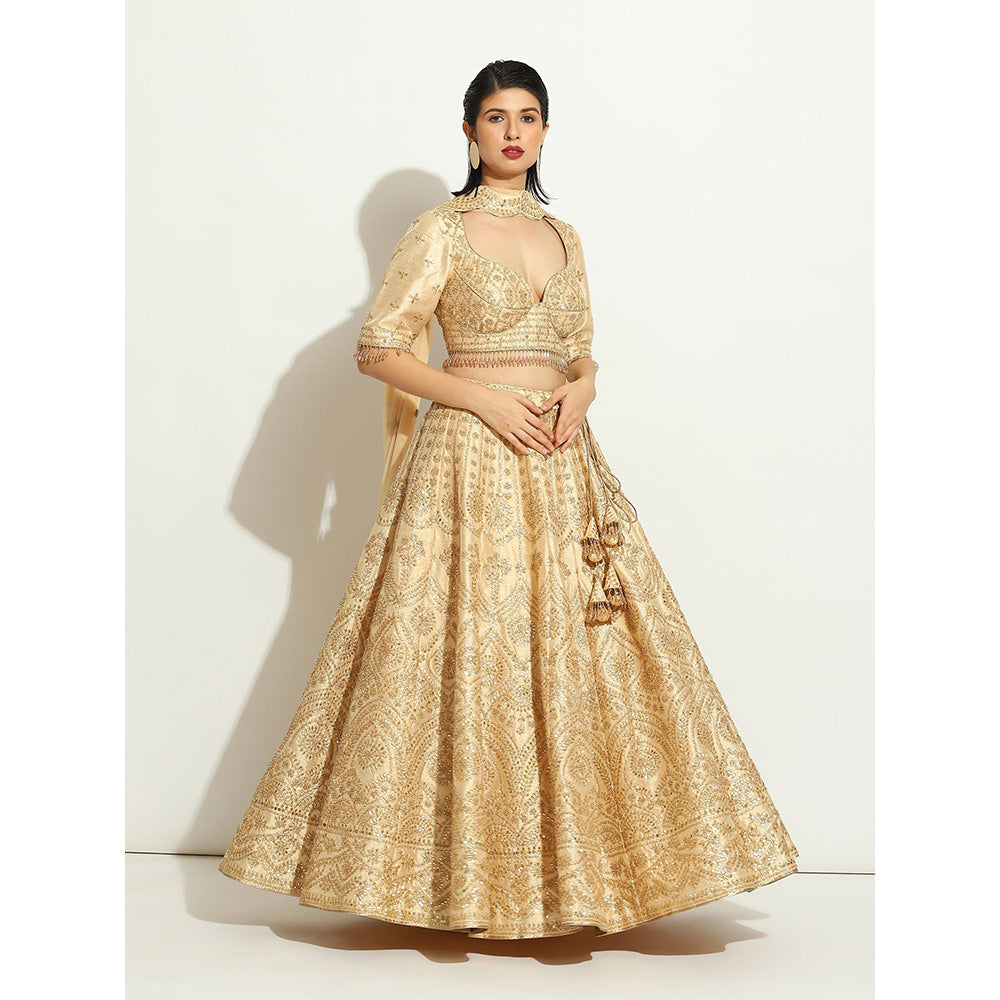 VANDANA SETHI Light Gold Sequin Work Lehenga in an Ivory Shimmer Raw Silk (Set of 3)