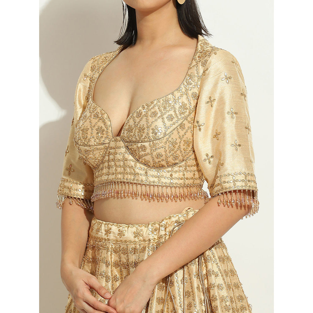 VANDANA SETHI Light Gold Sequin Work Lehenga in an Ivory Shimmer Raw Silk (Set of 3)