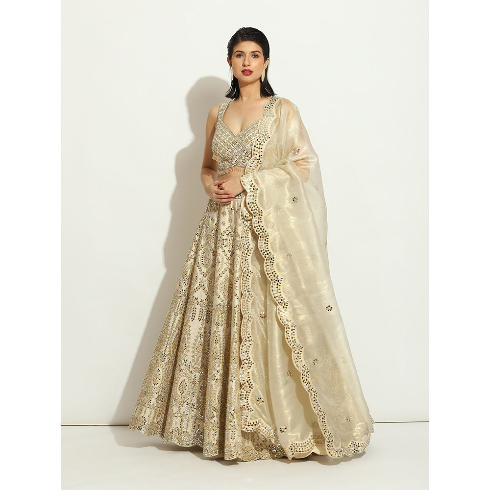 VANDANA SETHI Mirror Work Lehenga with a Scalloped Dupatta in Organza (Set of 3)
