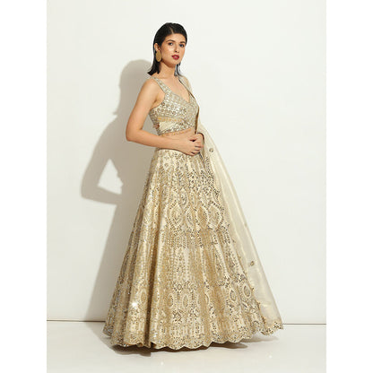 VANDANA SETHI Mirror Work Lehenga with a Scalloped Dupatta in Organza (Set of 3)