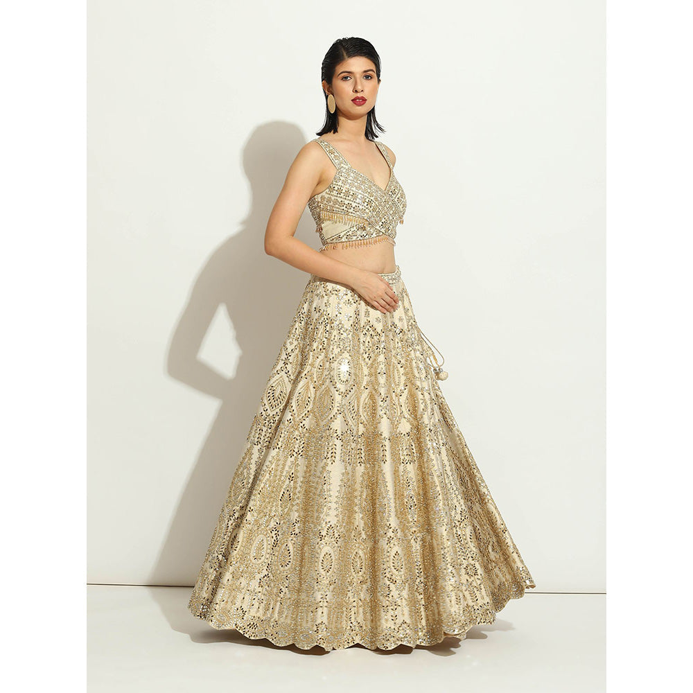 VANDANA SETHI Mirror Work Lehenga with a Scalloped Dupatta in Organza (Set of 3)