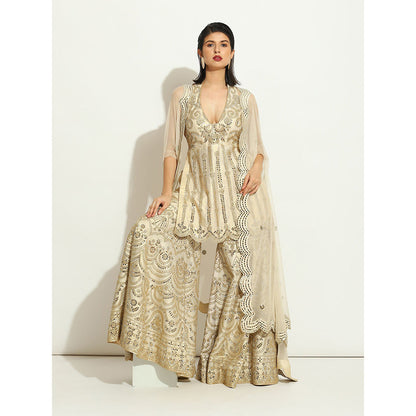 VANDANA SETHI Mirror Work Gharara in an Ivory Shimmer Raw Silk (Set of 3)