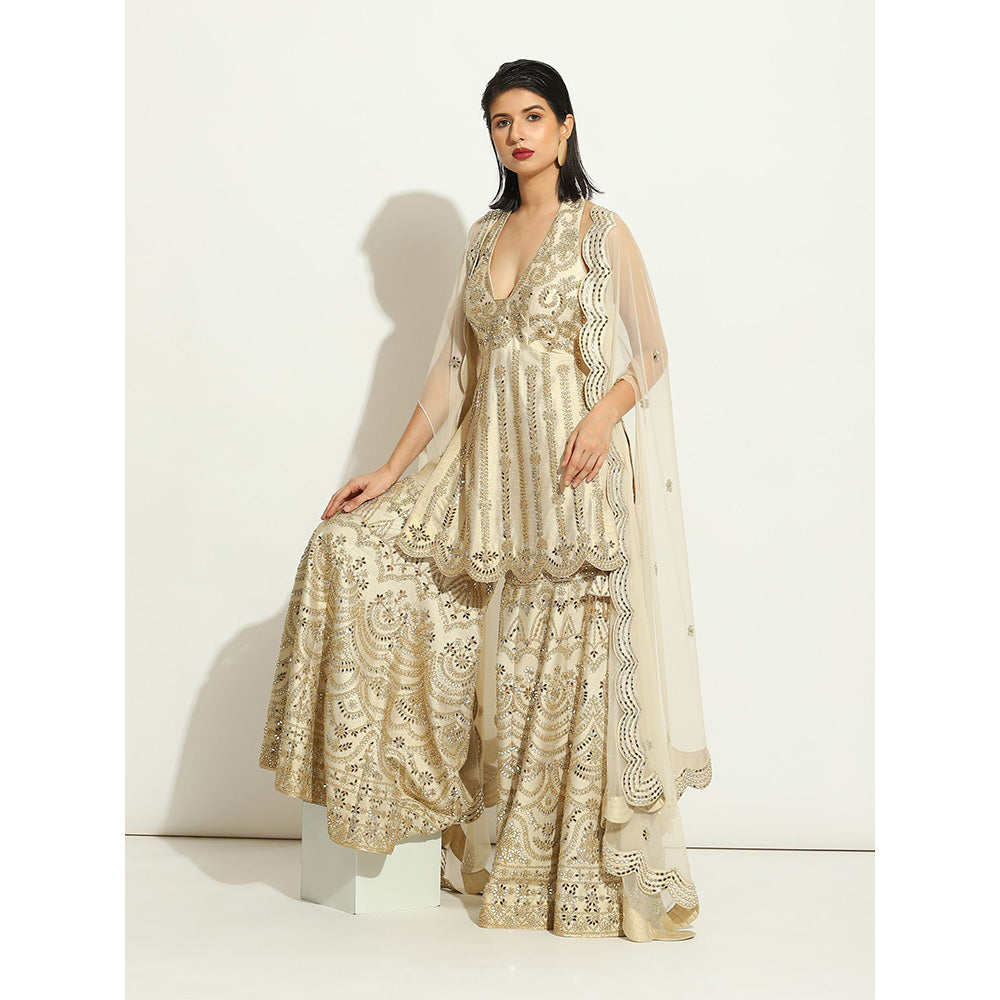 VANDANA SETHI Mirror Work Gharara in an Ivory Shimmer Raw Silk (Set of 3)