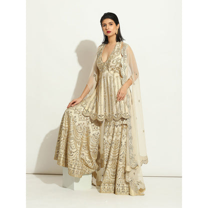 VANDANA SETHI Mirror Work Gharara in an Ivory Shimmer Raw Silk (Set of 3)