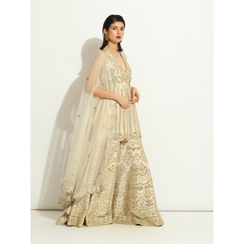 VANDANA SETHI Mirror Work Gharara in an Ivory Shimmer Raw Silk (Set of 3)