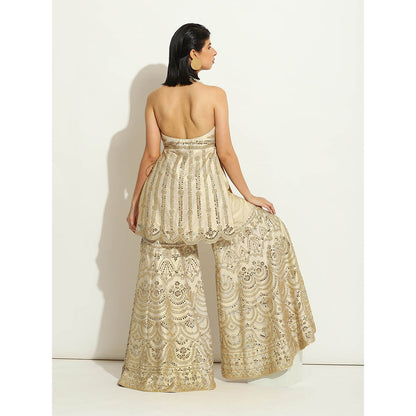 VANDANA SETHI Mirror Work Gharara in an Ivory Shimmer Raw Silk (Set of 3)