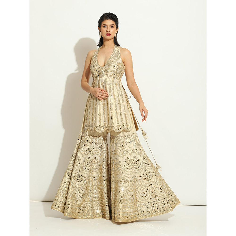 VANDANA SETHI Mirror Work Gharara in an Ivory Shimmer Raw Silk (Set of 3)