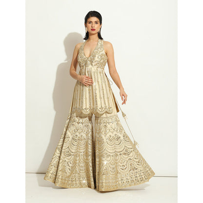 VANDANA SETHI Mirror Work Gharara in an Ivory Shimmer Raw Silk (Set of 3)