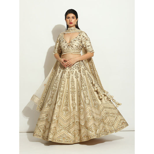 VANDANA SETHI Zardozi Work Ivory Shimmer Lehenga with Pearl Trinkets (Set of 3)