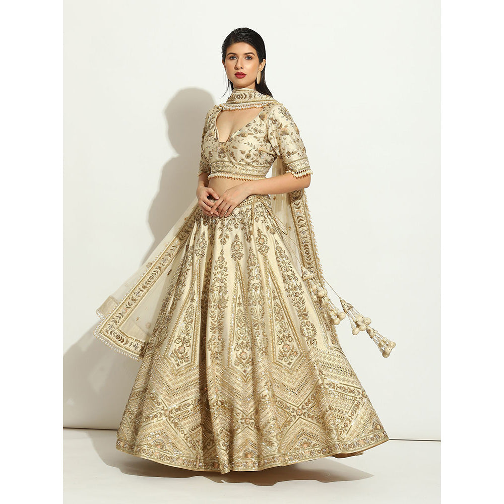 VANDANA SETHI Zardozi Work Ivory Shimmer Lehenga with Pearl Trinkets (Set of 3)