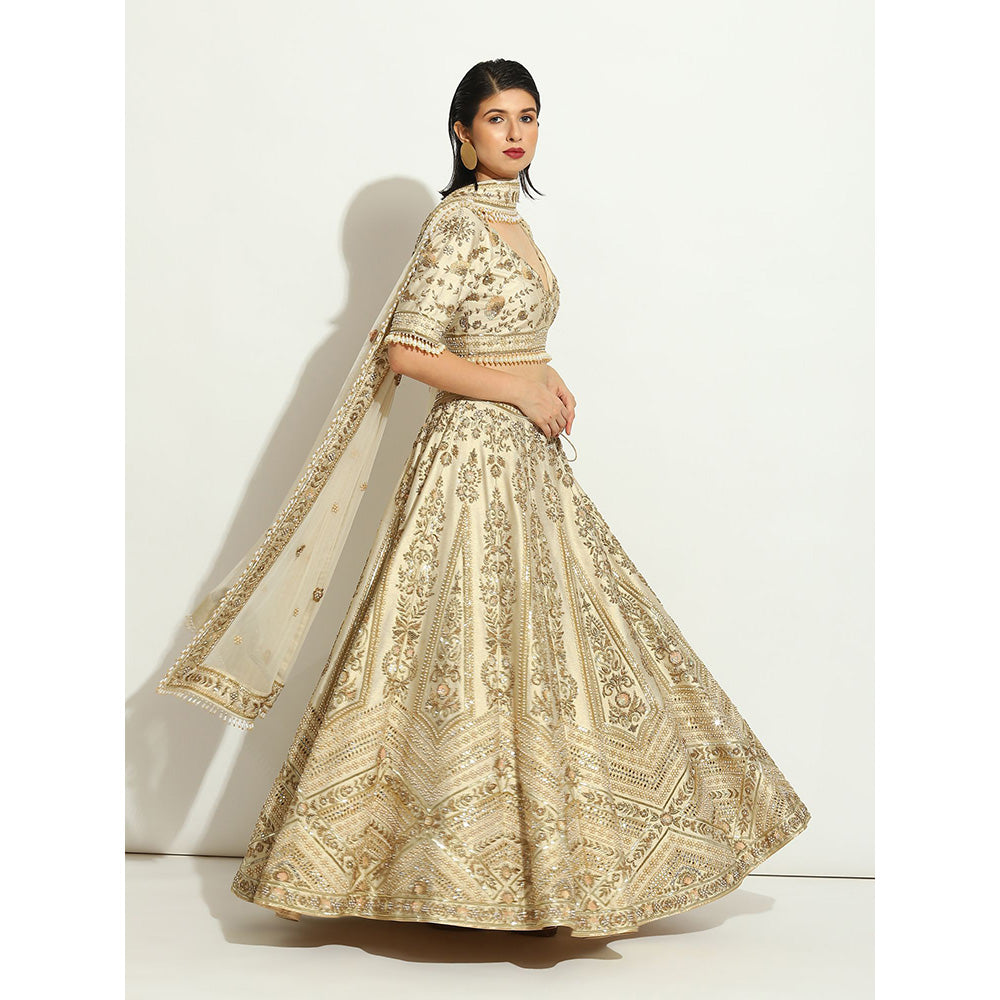 VANDANA SETHI Zardozi Work Ivory Shimmer Lehenga with Pearl Trinkets (Set of 3)