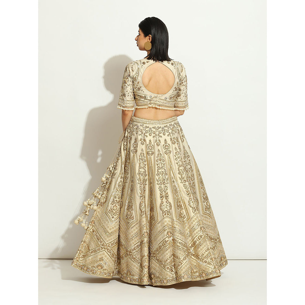 VANDANA SETHI Zardozi Work Ivory Shimmer Lehenga with Pearl Trinkets (Set of 3)