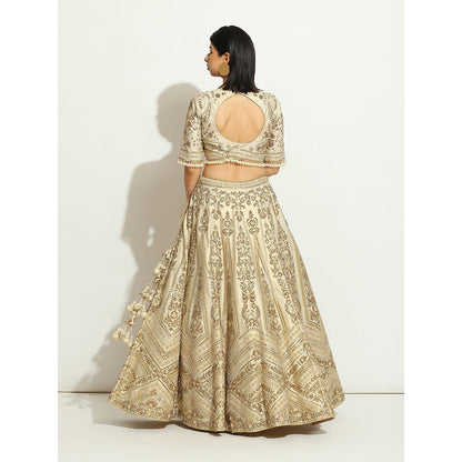 VANDANA SETHI Zardozi Work Ivory Shimmer Lehenga with Pearl Trinkets (Set of 3)