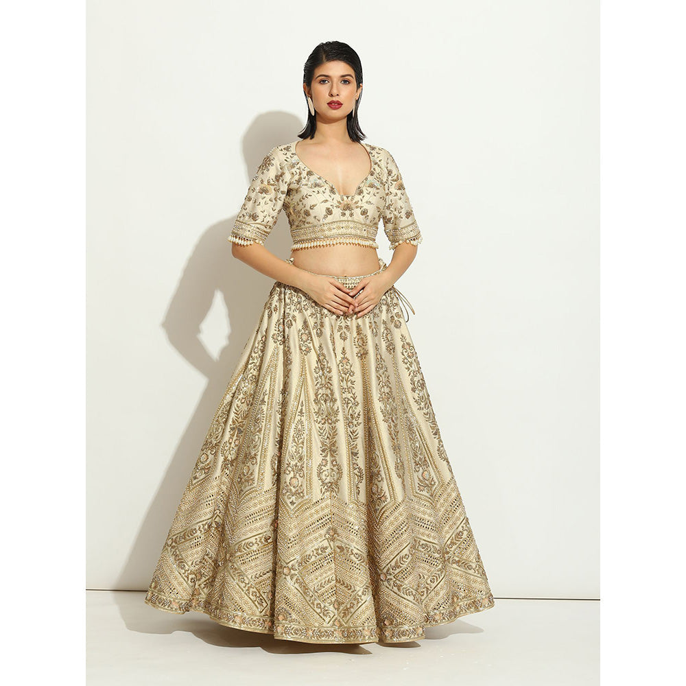VANDANA SETHI Zardozi Work Ivory Shimmer Lehenga with Pearl Trinkets (Set of 3)