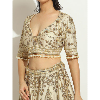 VANDANA SETHI Zardozi Work Ivory Shimmer Lehenga with Pearl Trinkets (Set of 3)