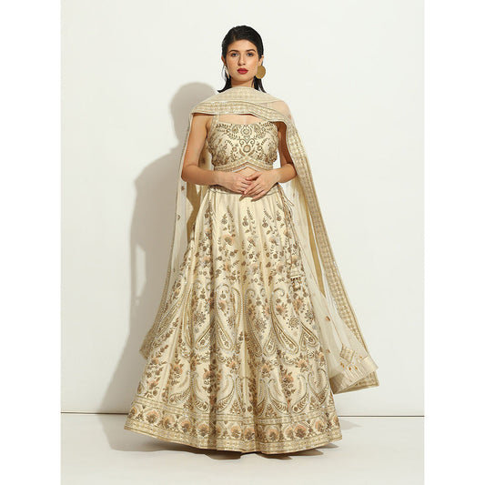 VANDANA SETHI Ivory Shimmer Raw Silk Lehenga with Zardozi and Sequin Work (Set of 3)