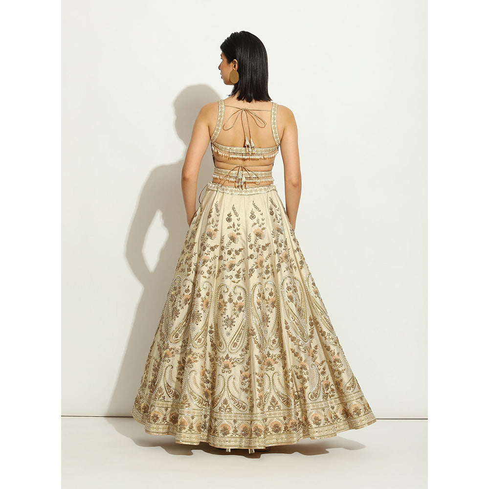 VANDANA SETHI Ivory Shimmer Raw Silk Lehenga with Zardozi and Sequin Work (Set of 3)
