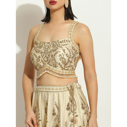 VANDANA SETHI Ivory Shimmer Raw Silk Lehenga with Zardozi and Sequin Work (Set of 3)