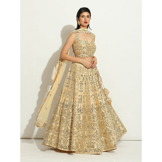 VANDANA SETHI Light Gold Lehenga with Mirror Work and a Criss Cross Blouse (Set of 3)