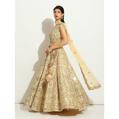 VANDANA SETHI Light Gold Lehenga with Mirror Work and a Criss Cross Blouse (Set of 3)