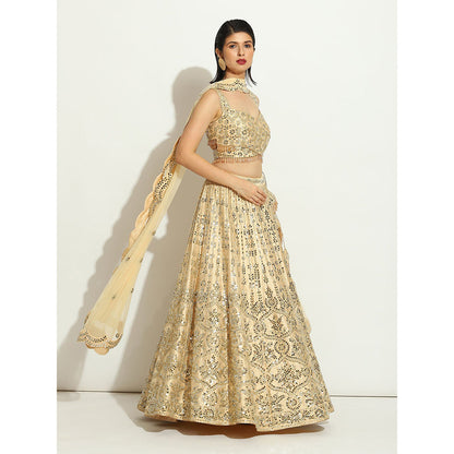 VANDANA SETHI Light Gold Lehenga with Mirror Work and a Criss Cross Blouse (Set of 3)