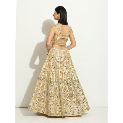VANDANA SETHI Light Gold Lehenga with Mirror Work and a Criss Cross Blouse (Set of 3)