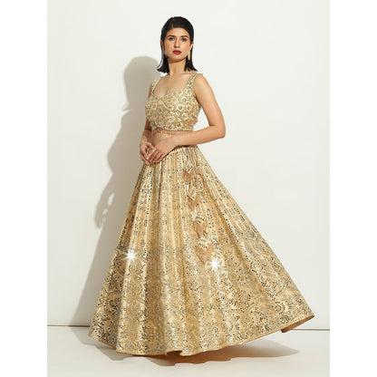 VANDANA SETHI Light Gold Lehenga with Mirror Work and a Criss Cross Blouse (Set of 3)