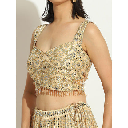VANDANA SETHI Light Gold Lehenga with Mirror Work and a Criss Cross Blouse (Set of 3)