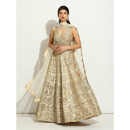 VANDANA SETHI Mirror Work Lehenga with a Halter Blouse and a Scalloped Dupatta (Set of 3)