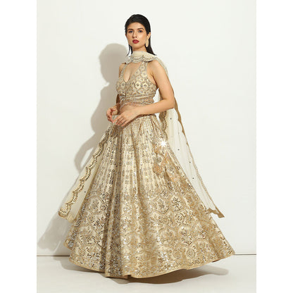 VANDANA SETHI Mirror Work Lehenga with a Halter Blouse and a Scalloped Dupatta (Set of 3)