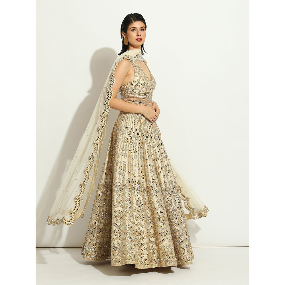 VANDANA SETHI Mirror Work Lehenga with a Halter Blouse and a Scalloped Dupatta (Set of 3)