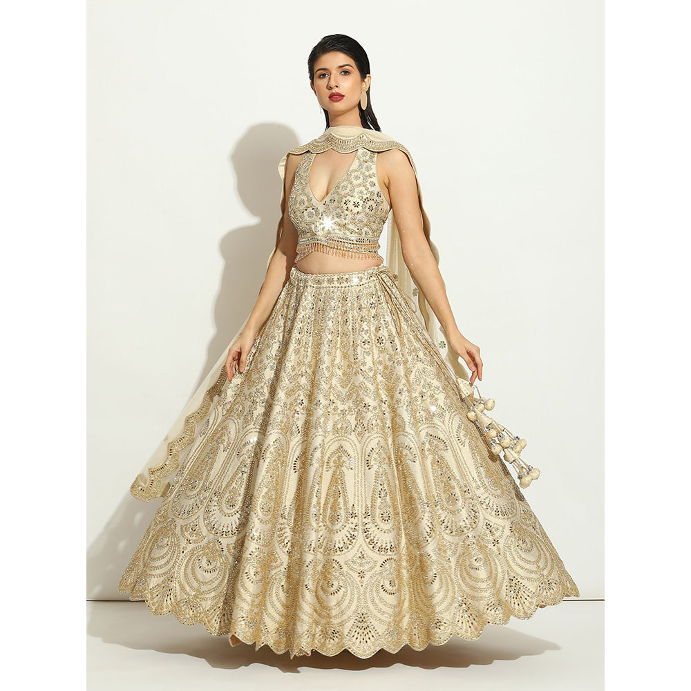 VANDANA SETHI Ivory Shimmer Lehenga with Mirror Work and a Net Scalloped Dupatta (Set of 3)