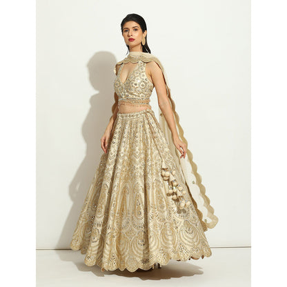VANDANA SETHI Ivory Shimmer Lehenga with Mirror Work and a Net Scalloped Dupatta (Set of 3)