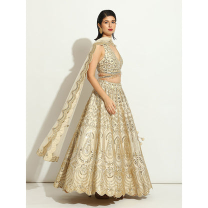 VANDANA SETHI Ivory Shimmer Lehenga with Mirror Work and a Net Scalloped Dupatta (Set of 3)