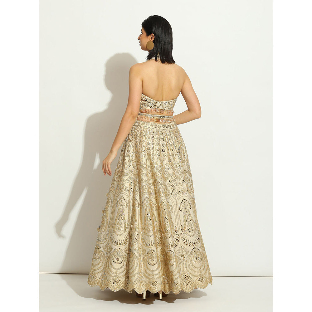 VANDANA SETHI Ivory Shimmer Lehenga with Mirror Work and a Net Scalloped Dupatta (Set of 3)