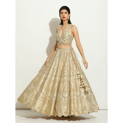 VANDANA SETHI Ivory Shimmer Lehenga with Mirror Work and a Net Scalloped Dupatta (Set of 3)