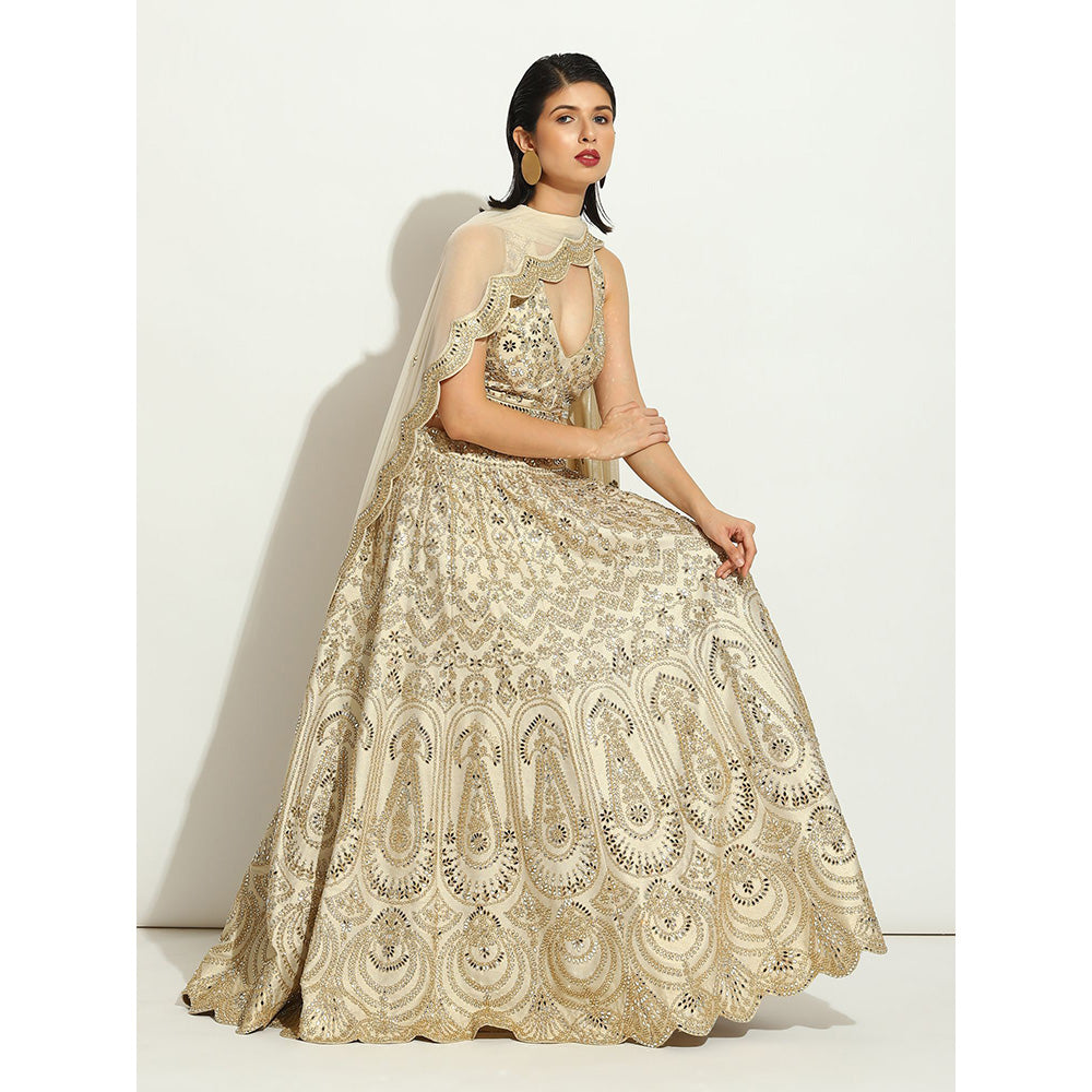 VANDANA SETHI Ivory Shimmer Lehenga with Mirror Work and a Net Scalloped Dupatta (Set of 3)