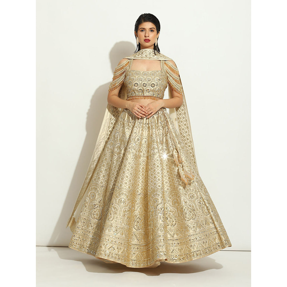 VANDANA SETHI Ivory Shimmer Lehenga in Raw Silk with a Trinket Sleeved Blouse (Set of 3)