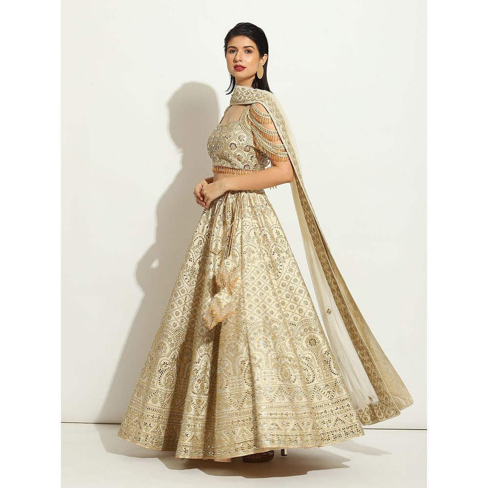VANDANA SETHI Ivory Shimmer Lehenga in Raw Silk with a Trinket Sleeved Blouse (Set of 3)