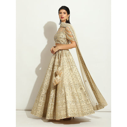 VANDANA SETHI Ivory Shimmer Lehenga in Raw Silk with a Trinket Sleeved Blouse (Set of 3)