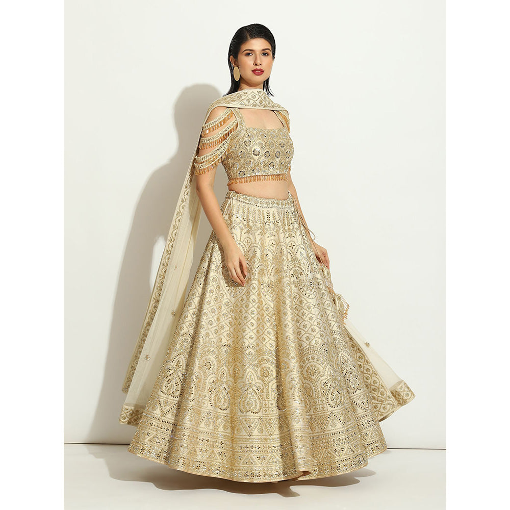 VANDANA SETHI Ivory Shimmer Lehenga in Raw Silk with a Trinket Sleeved Blouse (Set of 3)