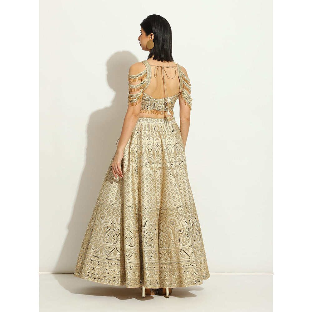 VANDANA SETHI Ivory Shimmer Lehenga in Raw Silk with a Trinket Sleeved Blouse (Set of 3)