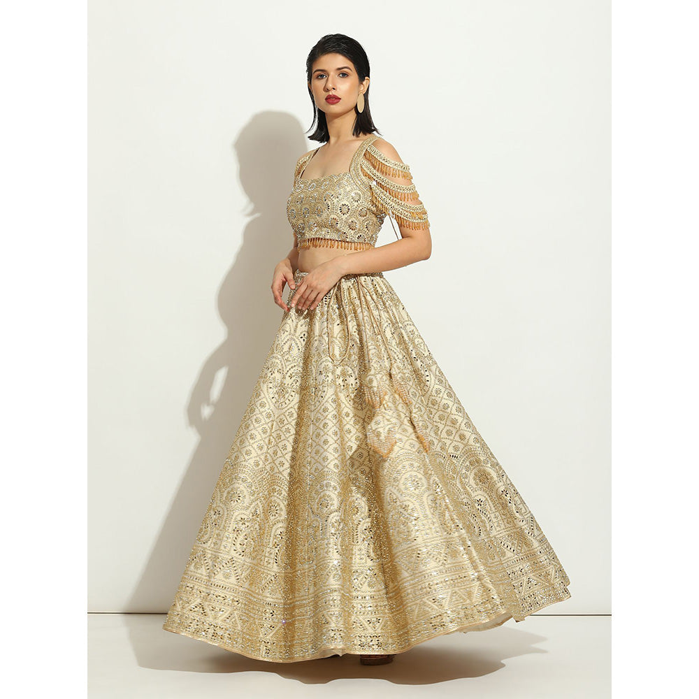 VANDANA SETHI Ivory Shimmer Lehenga in Raw Silk with a Trinket Sleeved Blouse (Set of 3)