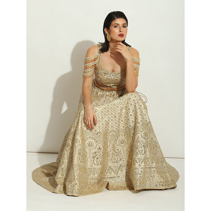 VANDANA SETHI Ivory Shimmer Lehenga in Raw Silk with a Trinket Sleeved Blouse (Set of 3)