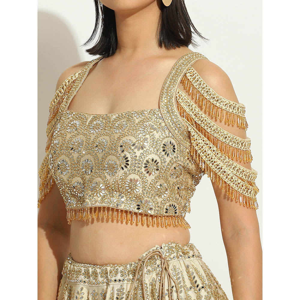VANDANA SETHI Ivory Shimmer Lehenga in Raw Silk with a Trinket Sleeved Blouse (Set of 3)