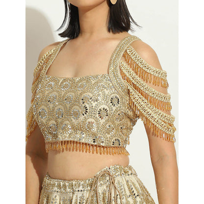 VANDANA SETHI Ivory Shimmer Lehenga in Raw Silk with a Trinket Sleeved Blouse (Set of 3)