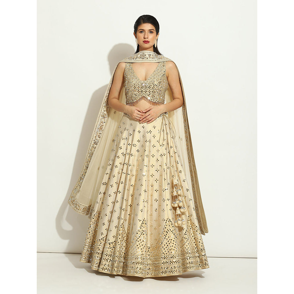 VANDANA SETHI Ivory Shimmer Lehenga in Raw Silk with a Sleeveless Blouse (Set of 3)