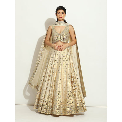 VANDANA SETHI Ivory Shimmer Lehenga in Raw Silk with a Sleeveless Blouse (Set of 3)